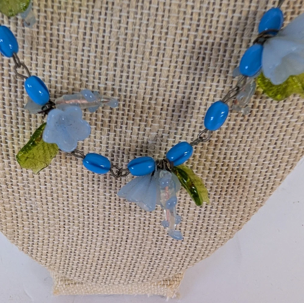 Vintage Murano Glass Necklace Blue Green Flower 1940s New Clasp